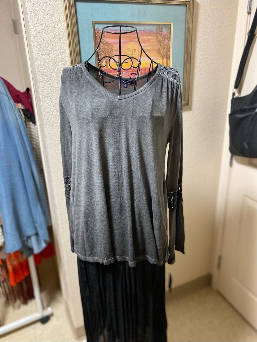 Angels Gray Long Sleeve V-Neck Top with Lace Trim